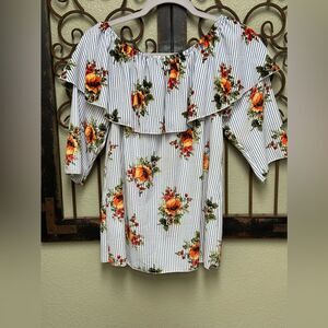 Omega ruffle neck off the shoulder 3/4 sleeve top